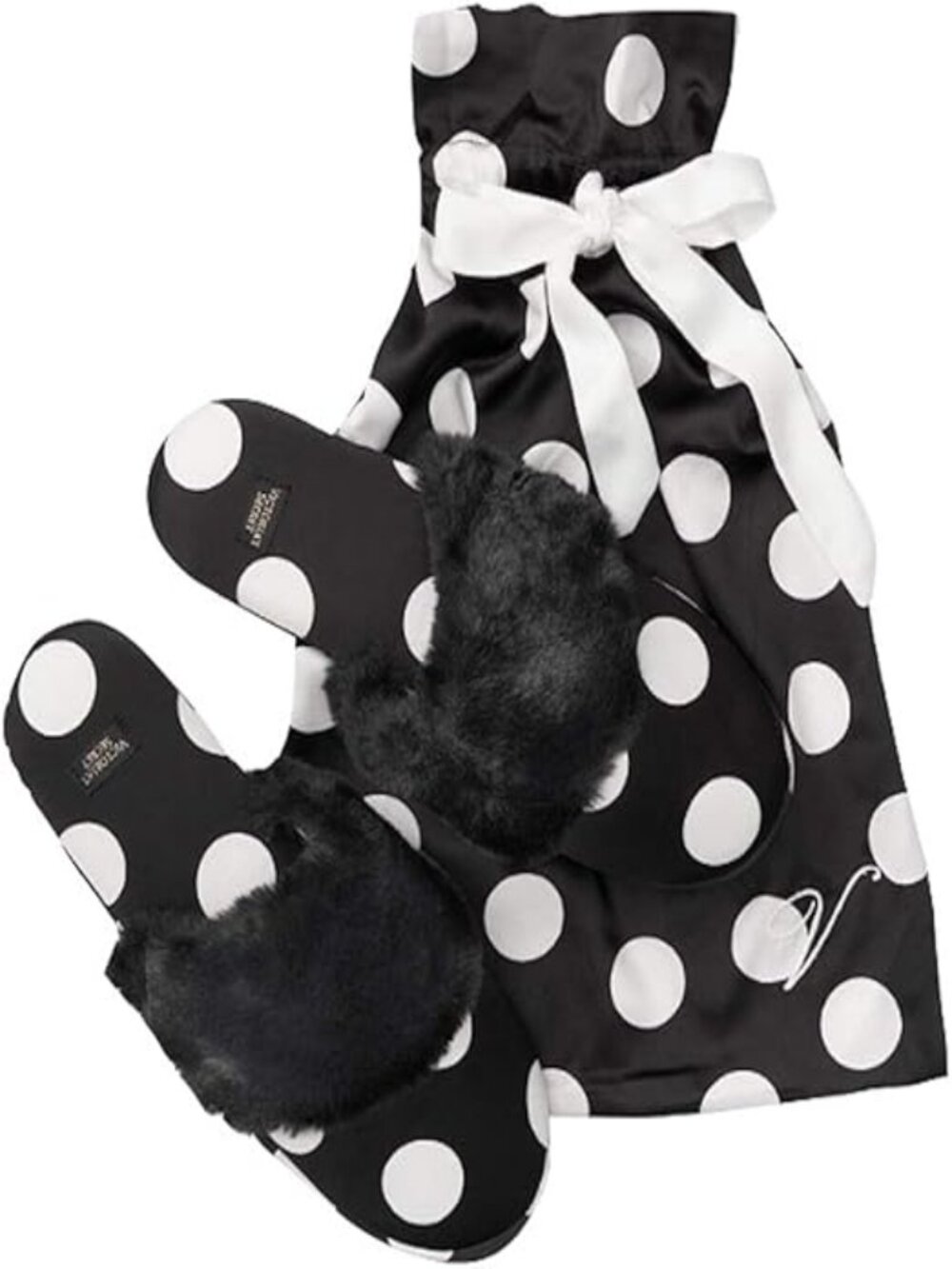 New Victoria's Secret Slippers Small 5 6 Black White Dot Satin Faux Fur NWT